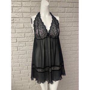 Linea Donatella Women Black Lace Pleated Hem Halter Lingerie Size L